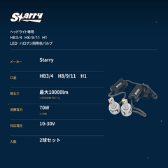 HB3/4, H8/9/11 and H1 specifications. Starry / up to 10000lm (two bulbs combined, high beam) / 70W / 10-30V / set of two